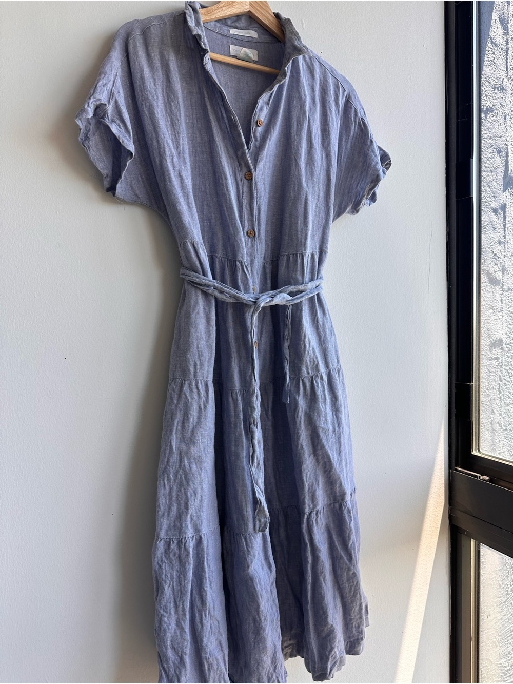 100% Linen Cynthia Rowley Light Blue Button-Front Midi Dress with Tie Waist